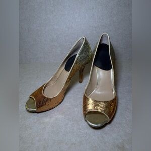 Enzo Angiolini EAPERSIST Gold Sequin Open Toe Peep Toe Heels,Size 7M